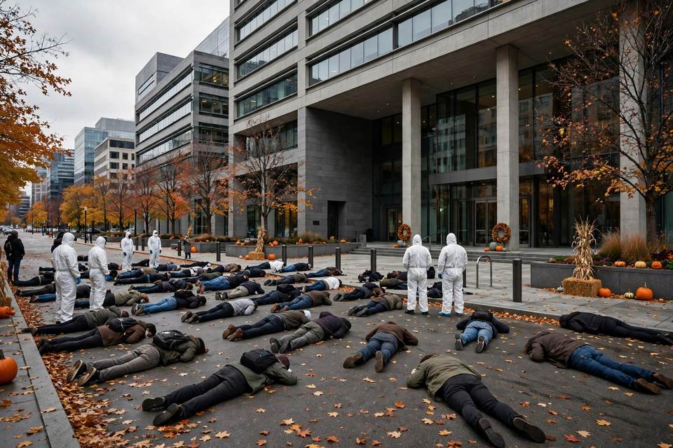 مونتريال (Montréal): «المبيدات تقتل».. أكثر من 100 شخص يستلقون أمام مكاتب الصحة الكندية في «موت جماعي» رمزي